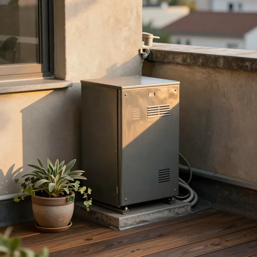 Rooftop-Stromtechnik mit Batterie, Pflanzenreflexen und warmem Licht.