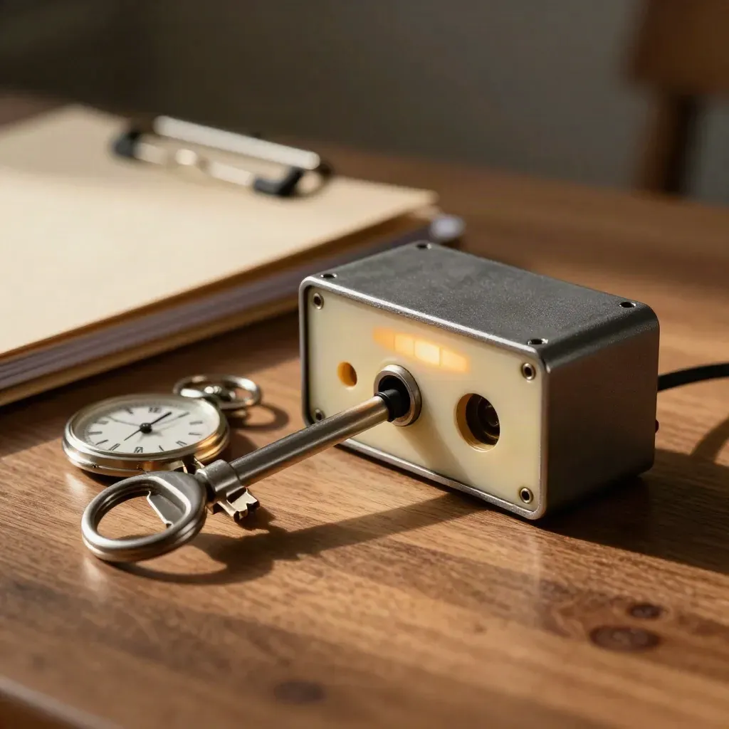 Smart-Relais mit Hebel, Datumsrad und Ordnern auf einer warmen Werkbank, im dramatischen Licht.