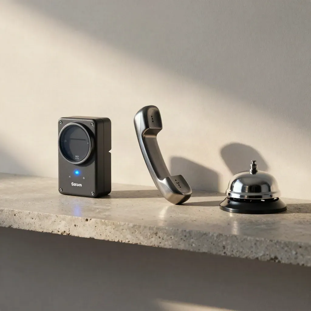 Smart-Meter-Modul, Telefonhalter und Serviceklingel auf Steinsims mit sanftem Licht.
