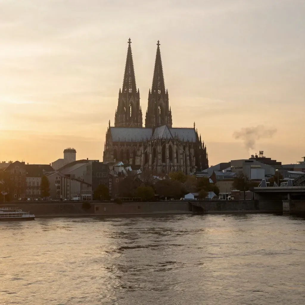 Kölner Dom über dem Rhein im goldenen Abendlicht mit Dunst und Industriehorizont.